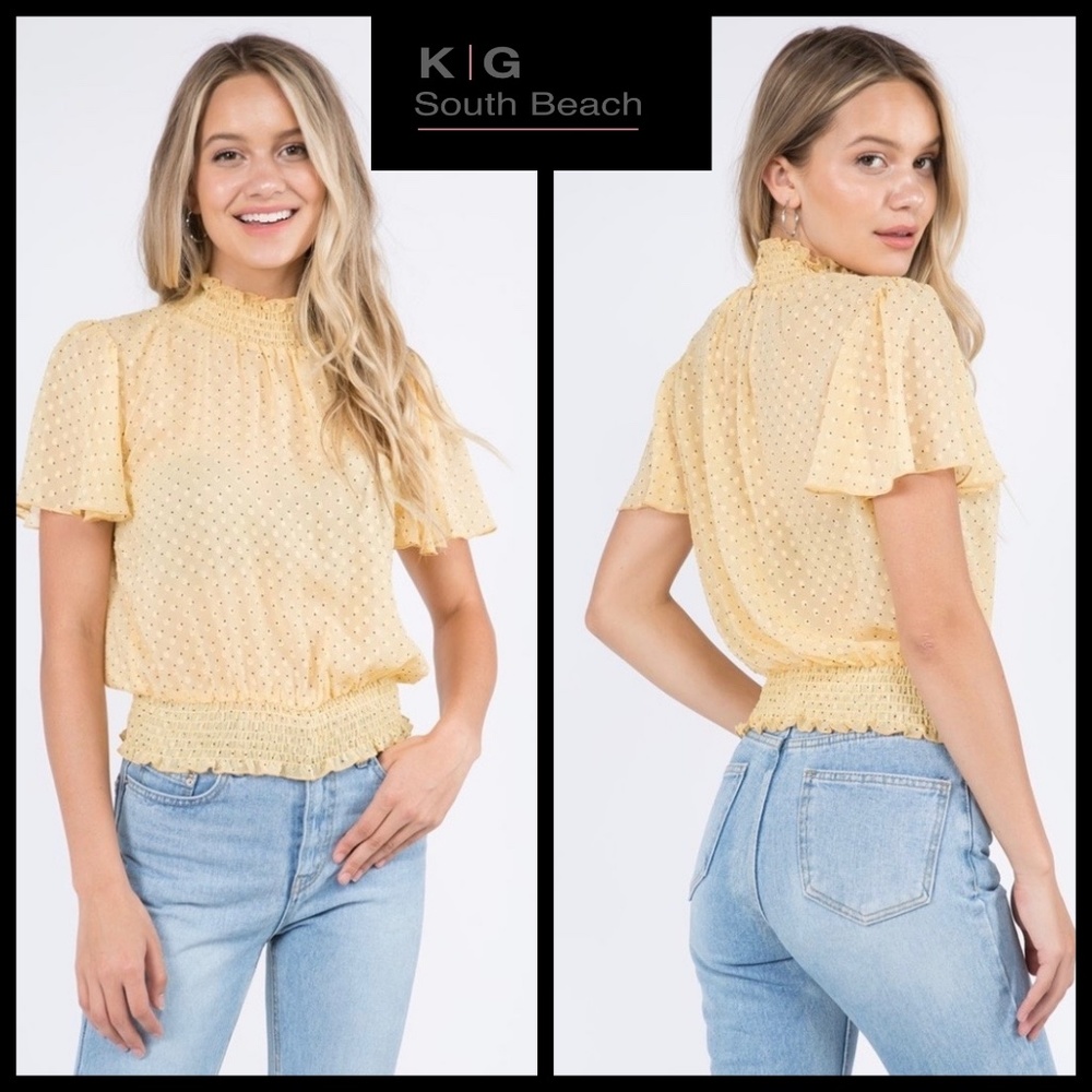 📌 Whiteroom+Cactus Raised Dot Sheer Chiffon Butterfly Sleeves Ruched Waist, Neck